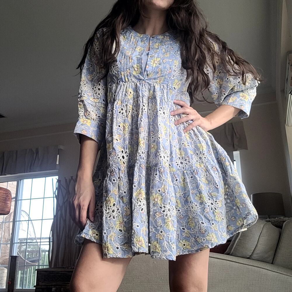 DRA Blockprint Yara Dress Blue  Eyelet Boho Sz S